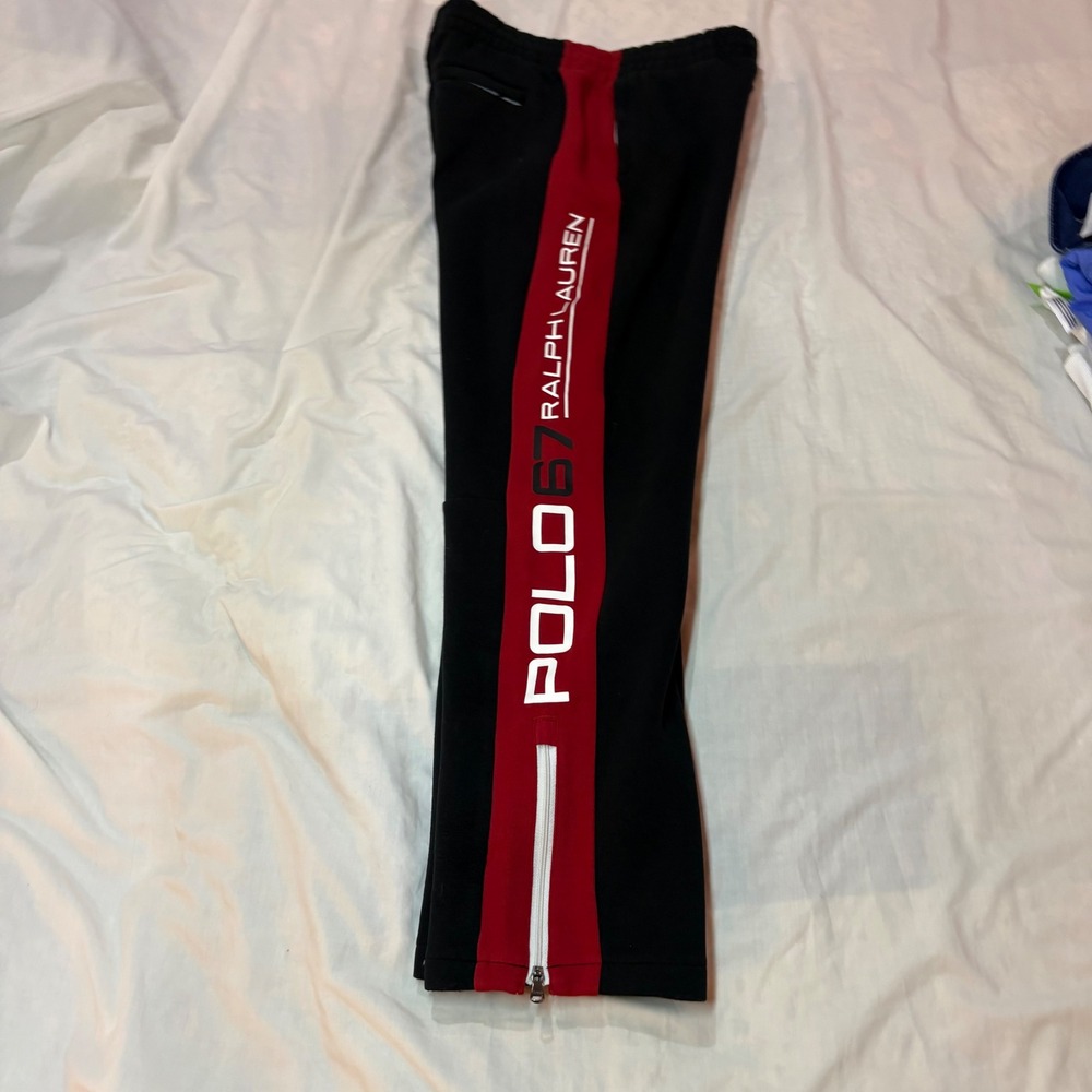 Polo Ralph Lauren L 14-16 Black Red Side Stripe Spell Out Logo Pants Joggers